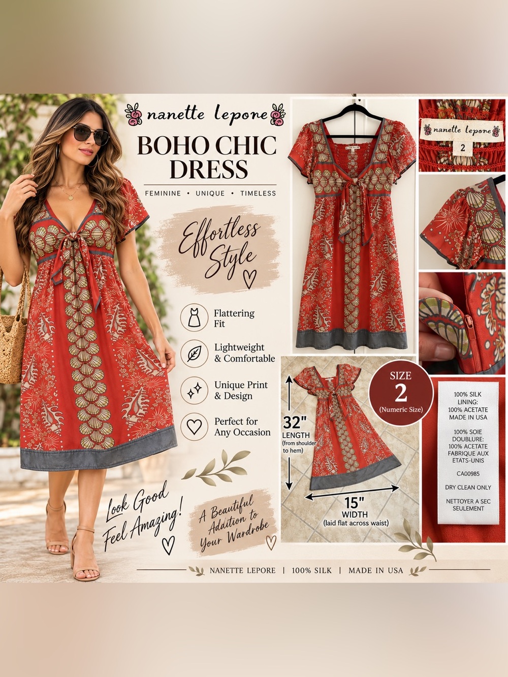 Nanette Lepore Women’s Size 2 100% Silk Red Boho Print Dress Made in USA